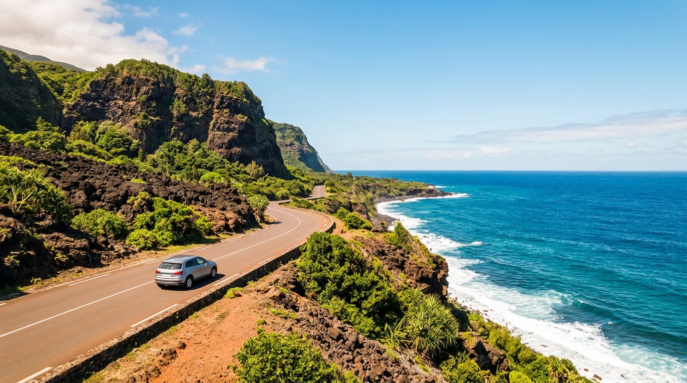 Voiture sur une route littorale de La Réunion